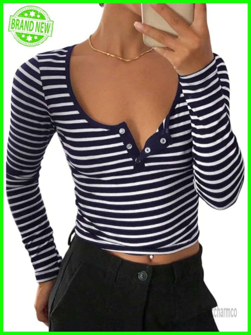 Striped Henley Long Sleeve Crop Top with Button Front